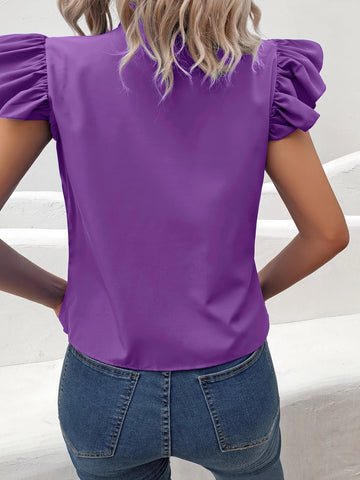 Casual Bow Tie Flutter Sleeve Solid Ruffle Trim Blouse, Women's Clothing - American Thistle Casual Bow Tie Flutter Sleeve Solid Ruffle Trim Blouse, Women's Clothing