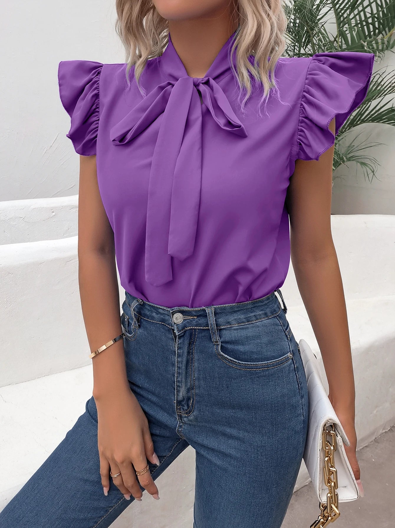 Casual Bow Tie Flutter Sleeve Solid Ruffle Trim Blouse, Women's Clothing - American Thistle Casual Bow Tie Flutter Sleeve Solid Ruffle Trim Blouse, Women's Clothing
