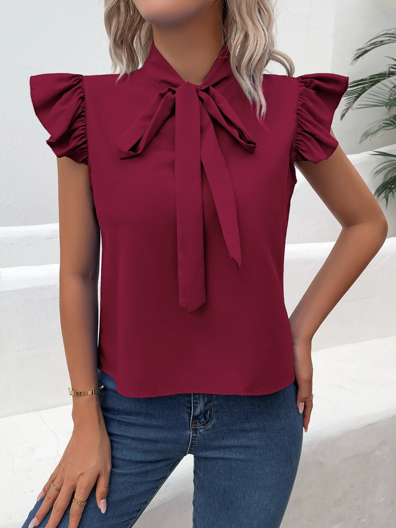 Casual Bow Tie Flutter Sleeve Solid Ruffle Trim Blouse, Women's Clothing - American Thistle Casual Bow Tie Flutter Sleeve Solid Ruffle Trim Blouse, Women's Clothing