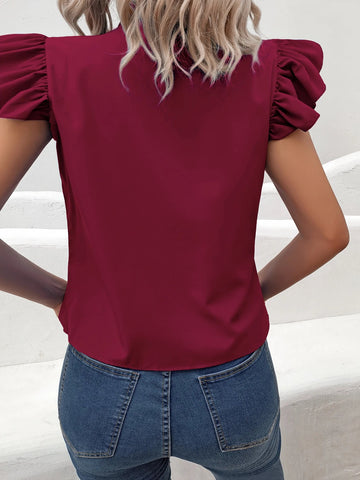 Casual Bow Tie Flutter Sleeve Solid Ruffle Trim Blouse, Women's Clothing - American Thistle Casual Bow Tie Flutter Sleeve Solid Ruffle Trim Blouse, Women's Clothing