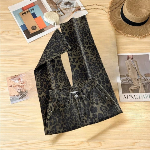 Casual Jeans Retro American Style Leopard Print Design Straight Leg - American Thistle Casual Jeans Retro American Style Leopard Print Design Straight Leg