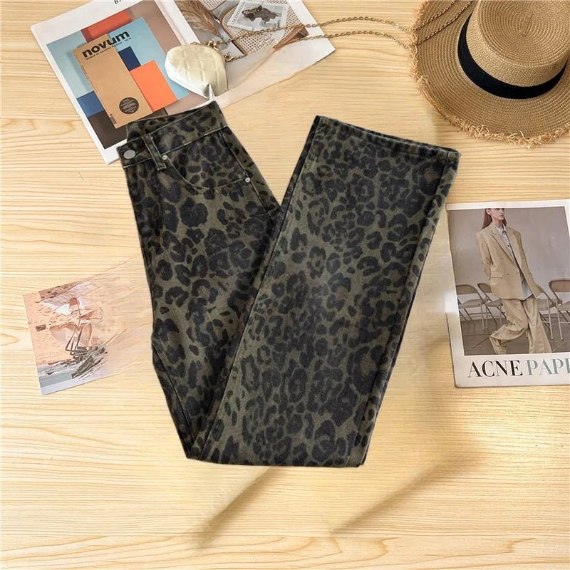 Casual Jeans Retro American Style Leopard Print Design Straight Leg - American Thistle Casual Jeans Retro American Style Leopard Print Design Straight Leg