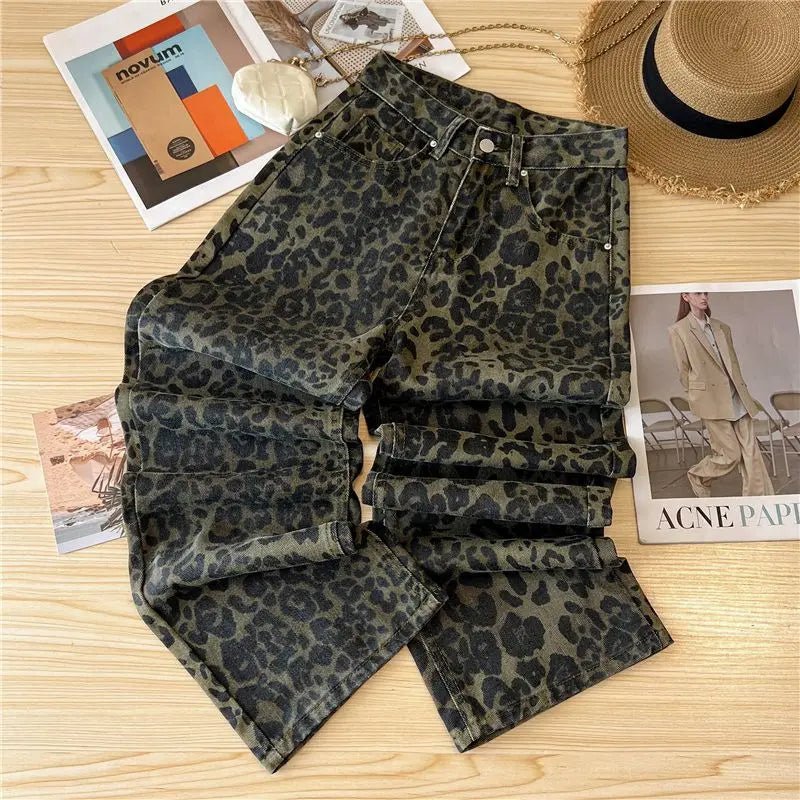 Casual Jeans Retro American Style Leopard Print Design Straight Leg - American Thistle Casual Jeans Retro American Style Leopard Print Design Straight Leg
