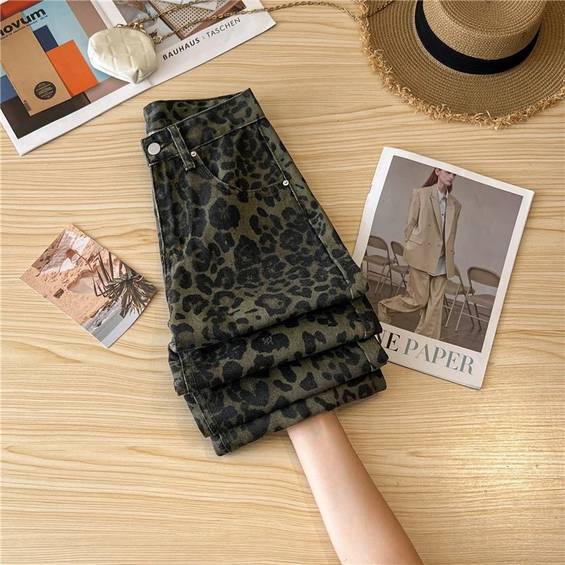 Casual Jeans Retro American Style Leopard Print Design Straight Leg - American Thistle Casual Jeans Retro American Style Leopard Print Design Straight Leg