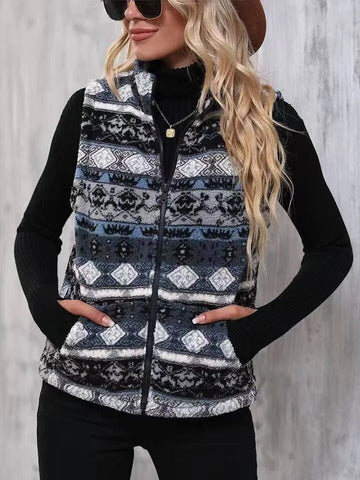 Casual Print Zipper Thick Vest Coat Woman Sleeveless Warm Plush Waistcoat - American Thistle Casual Print Zipper Thick Vest Coat Woman Sleeveless Warm Plush Waistcoat