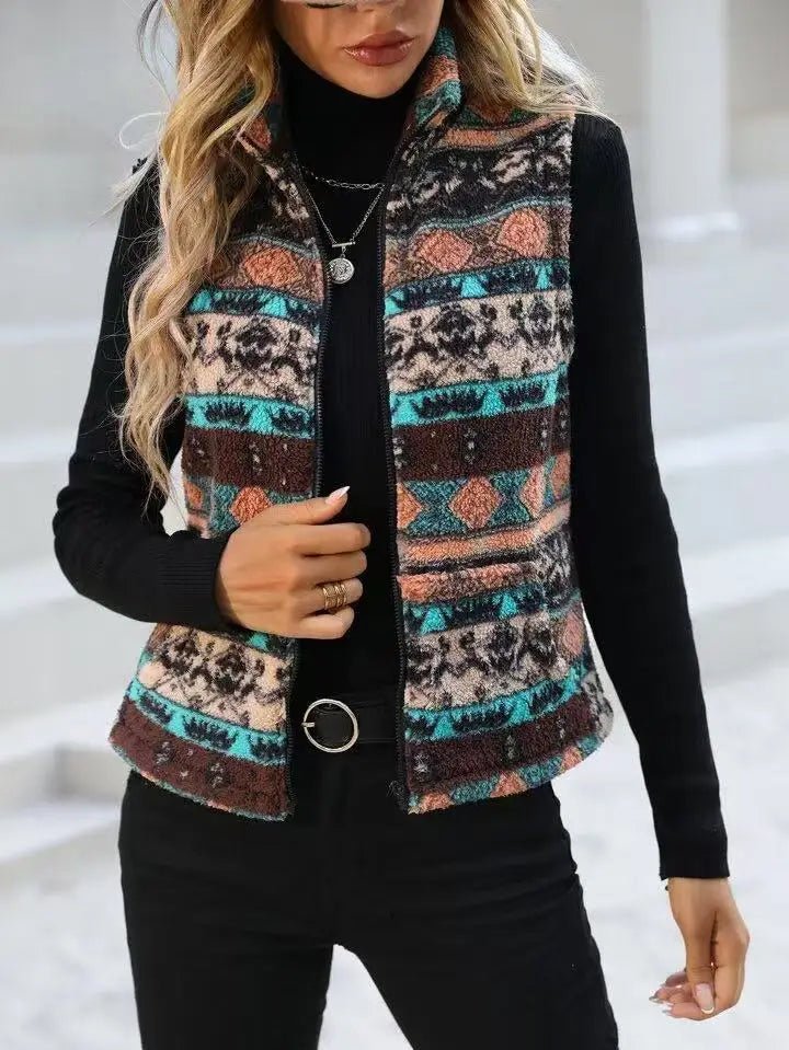 Casual Print Zipper Thick Vest Coat Woman Sleeveless Warm Plush Waistcoat - American Thistle Casual Print Zipper Thick Vest Coat Woman Sleeveless Warm Plush Waistcoat