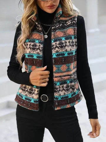 Casual Print Zipper Thick Vest Coat Woman Sleeveless Warm Plush Waistcoat - American Thistle Casual Print Zipper Thick Vest Coat Woman Sleeveless Warm Plush Waistcoat