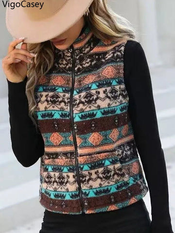 Casual Print Zipper Thick Vest Coat Woman Sleeveless Warm Plush Waistcoat - American Thistle Casual Print Zipper Thick Vest Coat Woman Sleeveless Warm Plush Waistcoat