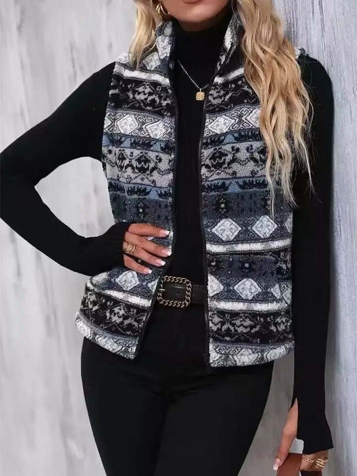 Casual Print Zipper Thick Vest Coat Woman Sleeveless Warm Plush Waistcoat - American Thistle Casual Print Zipper Thick Vest Coat Woman Sleeveless Warm Plush Waistcoat