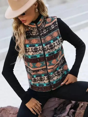 Casual Print Zipper Thick Vest Coat Woman Sleeveless Warm Plush Waistcoat - American Thistle Casual Print Zipper Thick Vest Coat Woman Sleeveless Warm Plush Waistcoat