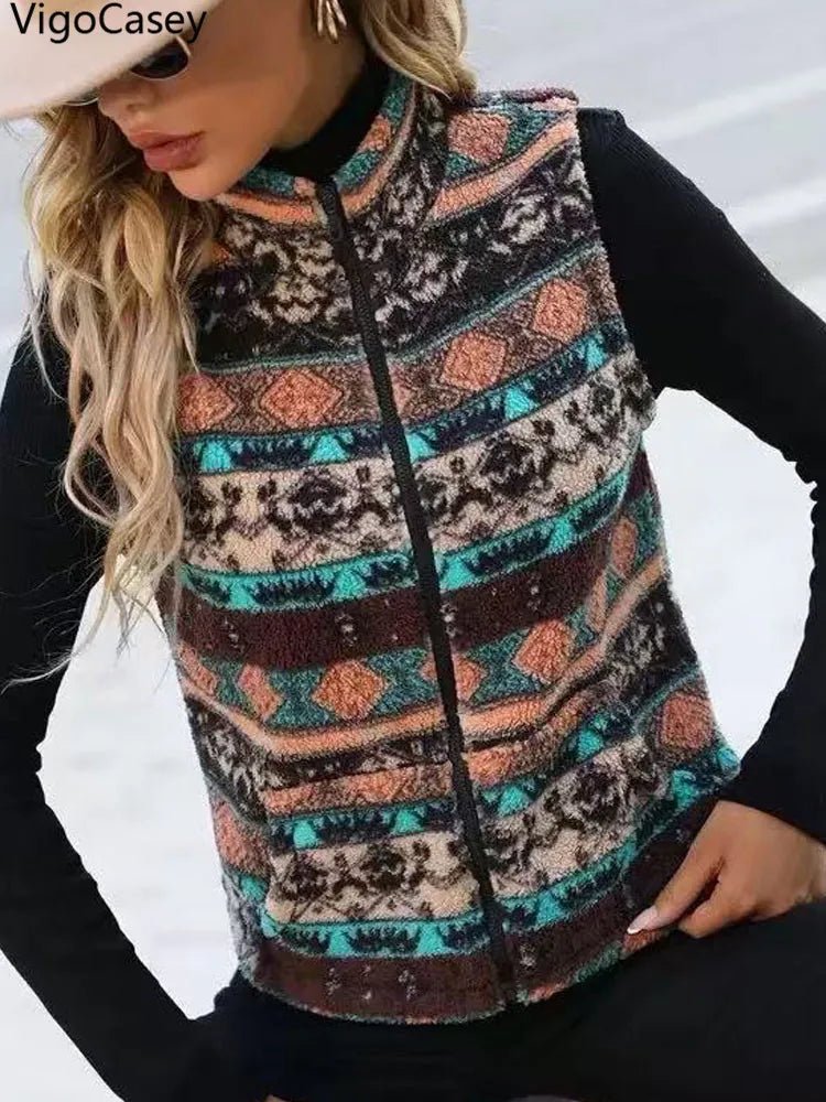 Casual Print Zipper Thick Vest Coat Woman Sleeveless Warm Plush Waistcoat - American Thistle Casual Print Zipper Thick Vest Coat Woman Sleeveless Warm Plush Waistcoat