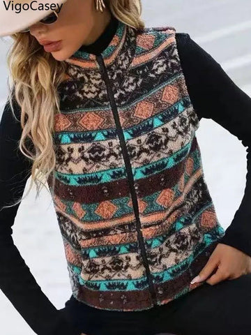 Casual Print Zipper Thick Vest Coat Woman Sleeveless Warm Plush Waistcoat - American Thistle Casual Print Zipper Thick Vest Coat Woman Sleeveless Warm Plush Waistcoat