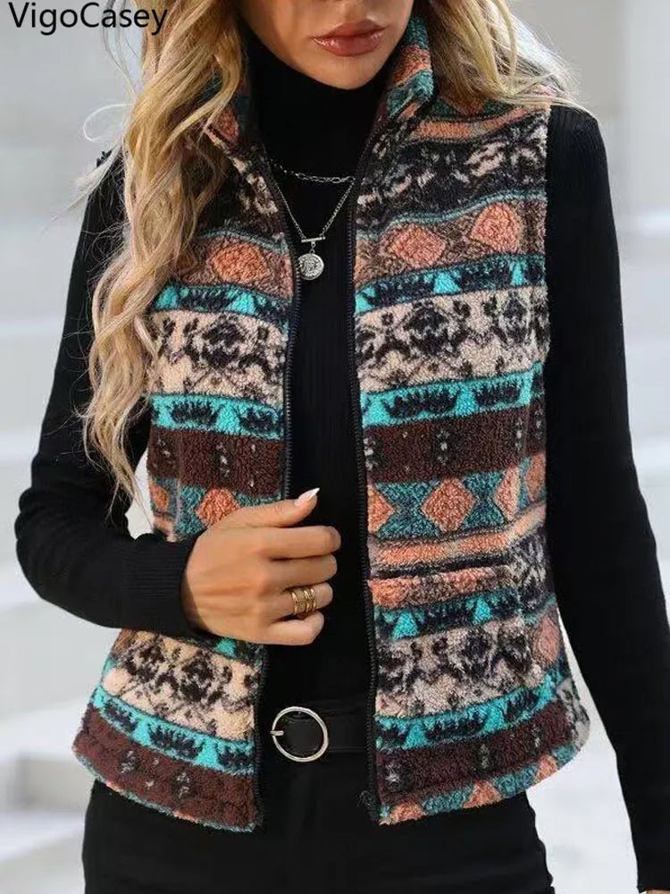 Casual Print Zipper Thick Vest Coat Woman Sleeveless Warm Plush Waistcoat - American Thistle Casual Print Zipper Thick Vest Coat Woman Sleeveless Warm Plush Waistcoat