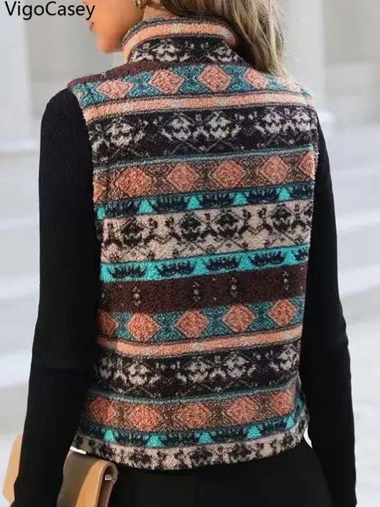 Casual Print Zipper Thick Vest Coat Woman Sleeveless Warm Plush Waistcoat - American Thistle Casual Print Zipper Thick Vest Coat Woman Sleeveless Warm Plush Waistcoat