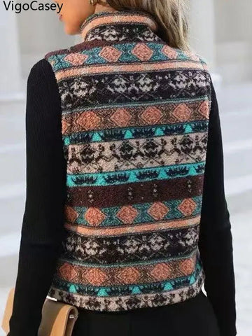 Casual Print Zipper Thick Vest Coat Woman Sleeveless Warm Plush Waistcoat - American Thistle Casual Print Zipper Thick Vest Coat Woman Sleeveless Warm Plush Waistcoat