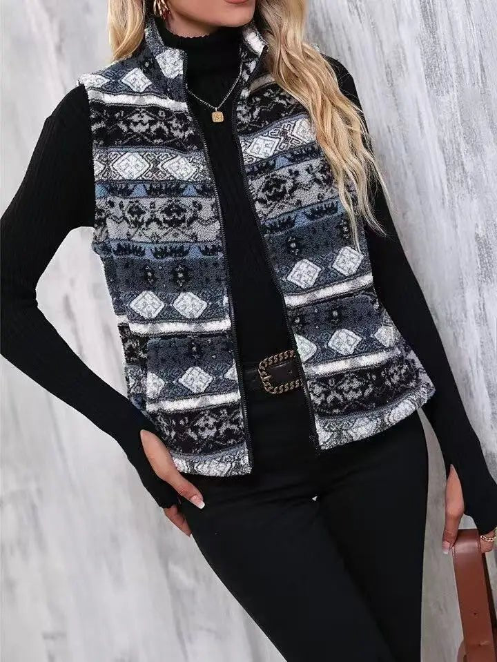 Casual Print Zipper Thick Vest Coat Woman Sleeveless Warm Plush Waistcoat - American Thistle Casual Print Zipper Thick Vest Coat Woman Sleeveless Warm Plush Waistcoat