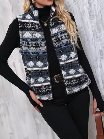 Casual Print Zipper Thick Vest Coat Woman Sleeveless Warm Plush Waistcoat - American Thistle Casual Print Zipper Thick Vest Coat Woman Sleeveless Warm Plush Waistcoat