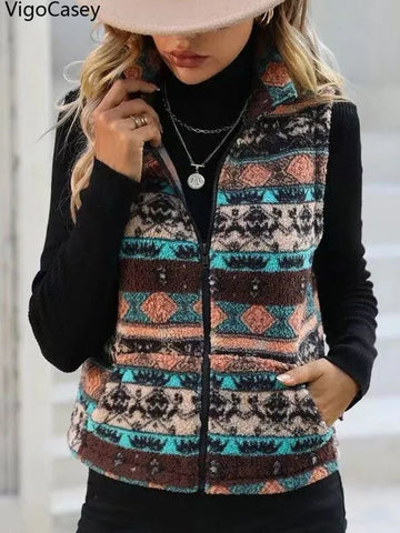 Casual Print Zipper Thick Vest Coat Woman Sleeveless Warm Plush Waistcoat - American Thistle Casual Print Zipper Thick Vest Coat Woman Sleeveless Warm Plush Waistcoat