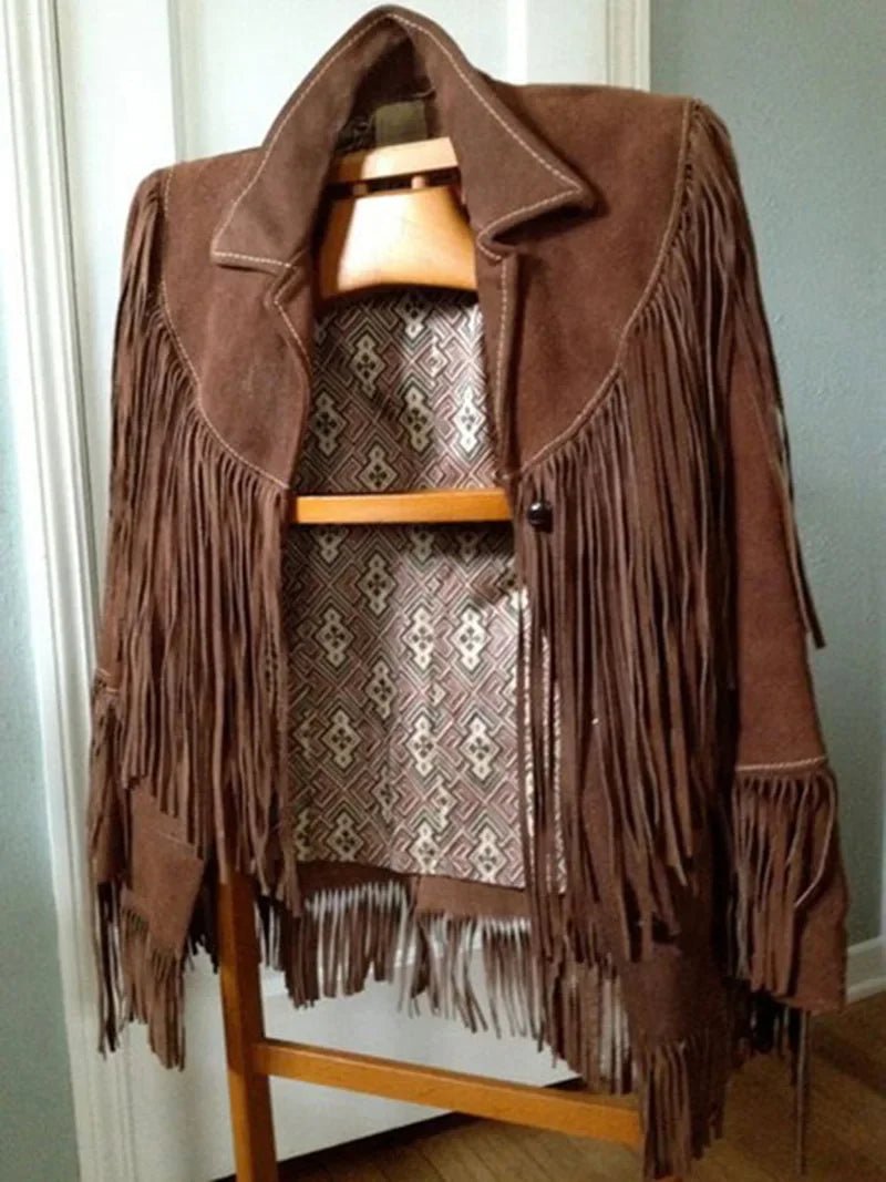 Casual Suede Leather Jacket Brown Lapel Pocket Fashion with Tassel - American Thistle Casual Suede Leather Jacket Brown Lapel Pocket Fashion with Tassel