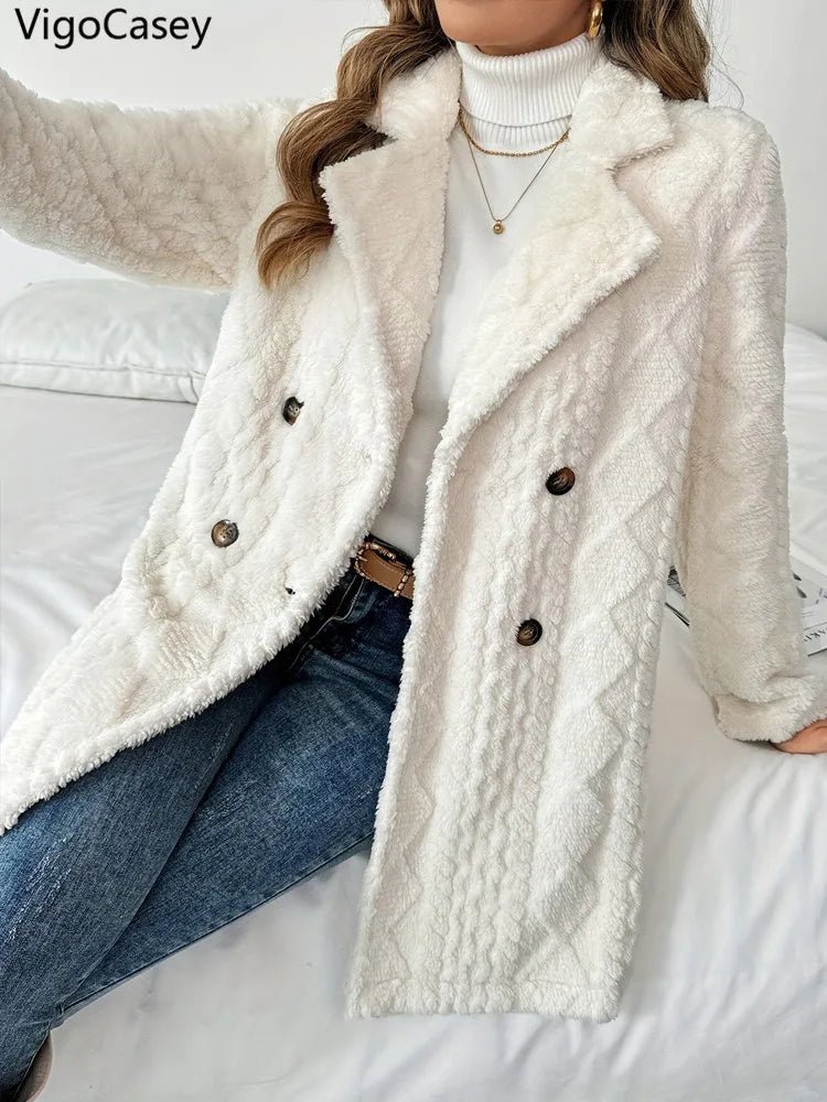 Casual White Thick Plush Warm Coat/ Jacket Long Sleeve Soft Cardigan - American Thistle Casual White Thick Plush Warm Coat/ Jacket Long Sleeve Soft Cardigan