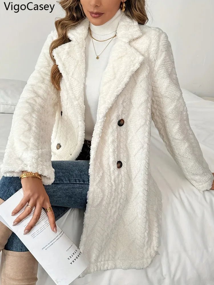 Casual White Thick Plush Warm Coat/ Jacket Long Sleeve Soft Cardigan - American Thistle Casual White Thick Plush Warm Coat/ Jacket Long Sleeve Soft Cardigan