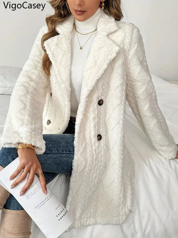Casual White Thick Plush Warm Coat/ Jacket Long Sleeve Soft Cardigan - American Thistle Casual White Thick Plush Warm Coat/ Jacket Long Sleeve Soft Cardigan