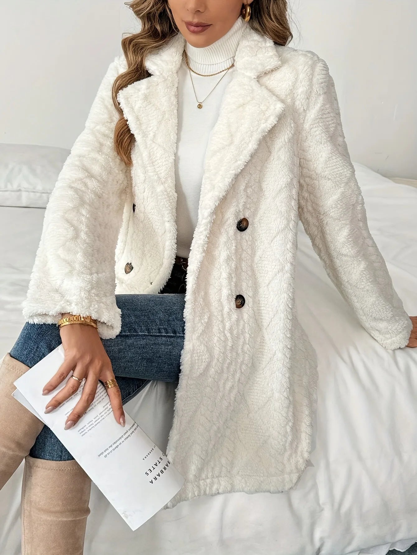 Casual White Thick Plush Warm Coat/ Jacket Long Sleeve Soft Cardigan - American Thistle Casual White Thick Plush Warm Coat/ Jacket Long Sleeve Soft Cardigan
