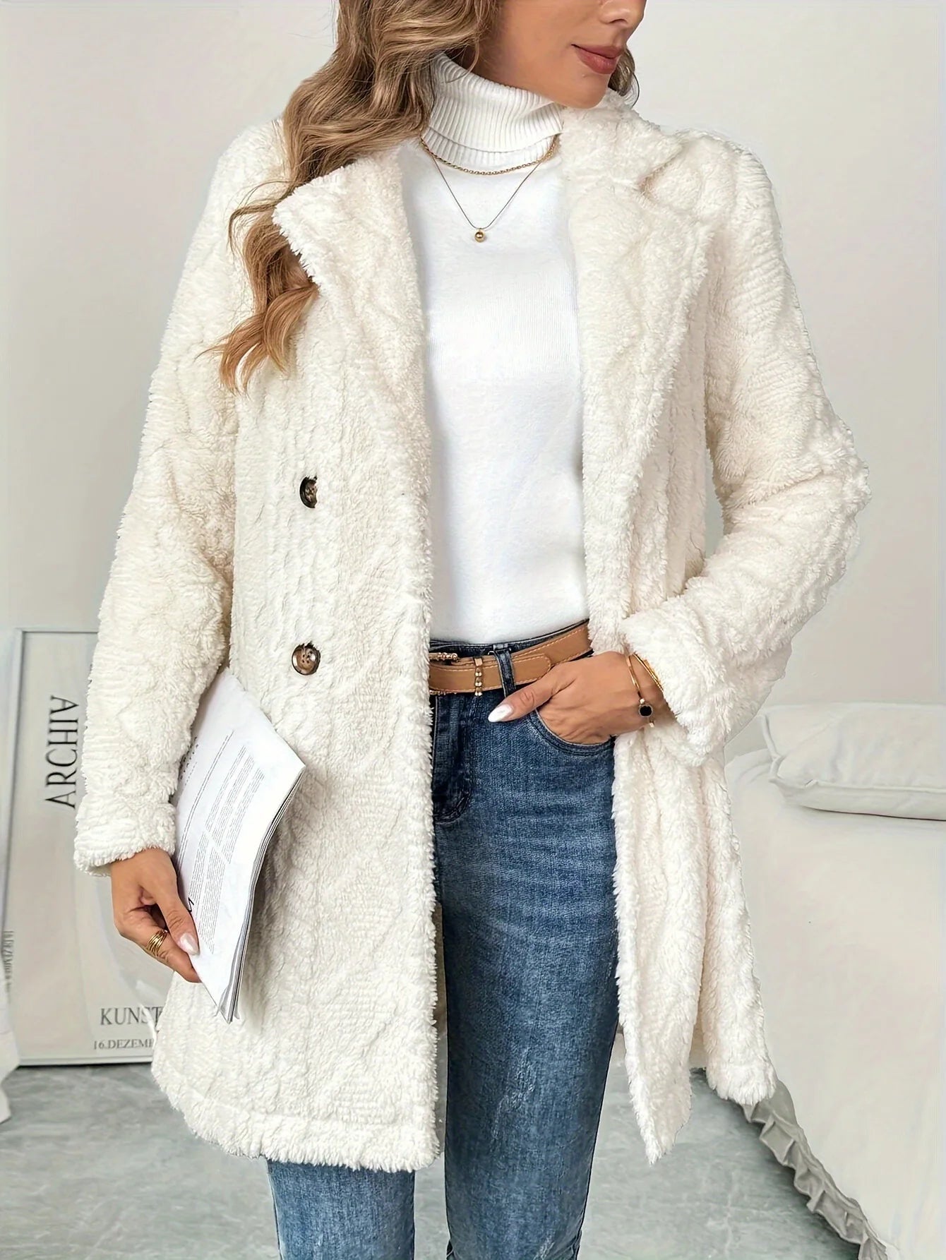 Casual White Thick Plush Warm Coat/ Jacket Long Sleeve Soft Cardigan - American Thistle Casual White Thick Plush Warm Coat/ Jacket Long Sleeve Soft Cardigan
