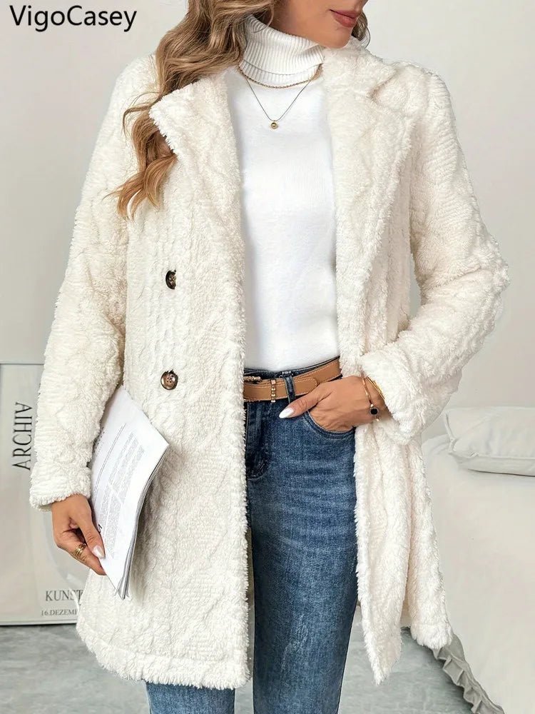Casual White Thick Plush Warm Coat/ Jacket Long Sleeve Soft Cardigan - American Thistle Casual White Thick Plush Warm Coat/ Jacket Long Sleeve Soft Cardigan