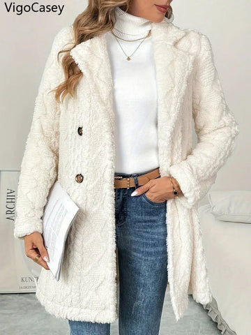 Casual White Thick Plush Warm Coat/ Jacket Long Sleeve Soft Cardigan - American Thistle Casual White Thick Plush Warm Coat/ Jacket Long Sleeve Soft Cardigan