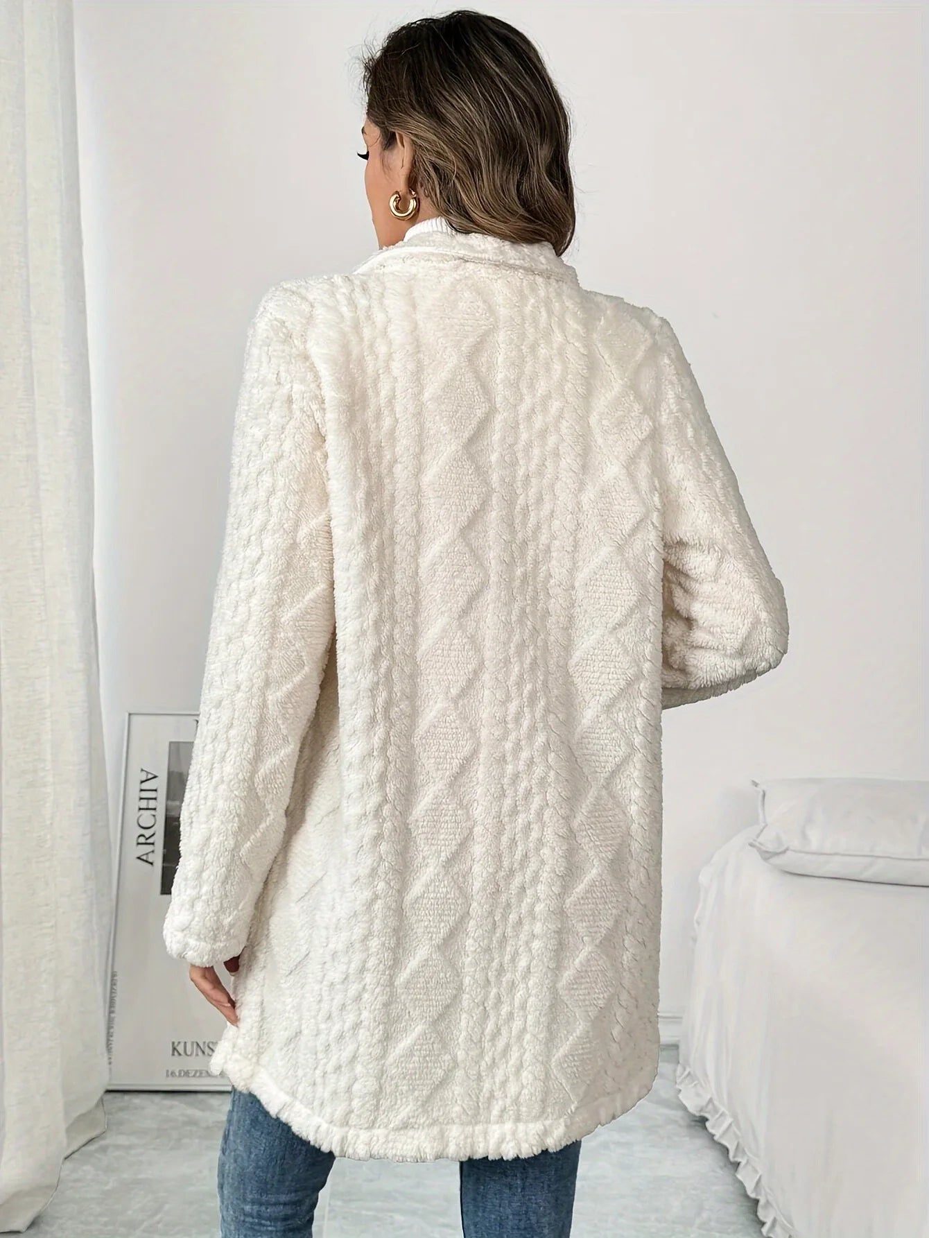 Casual White Thick Plush Warm Coat/ Jacket Long Sleeve Soft Cardigan - American Thistle Casual White Thick Plush Warm Coat/ Jacket Long Sleeve Soft Cardigan