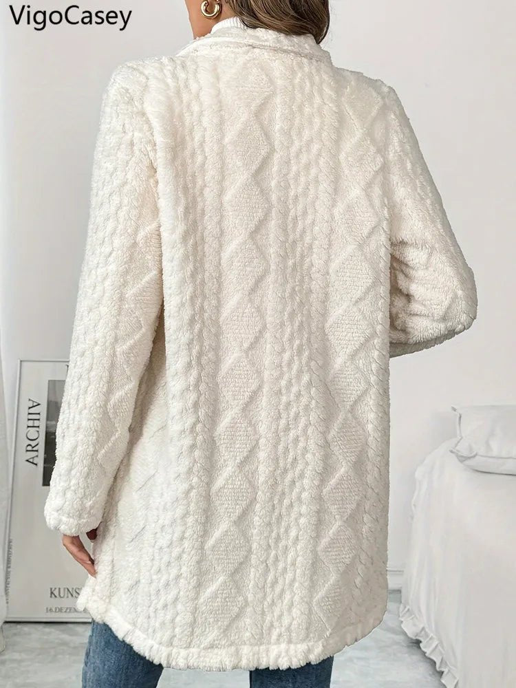 Casual White Thick Plush Warm Coat/ Jacket Long Sleeve Soft Cardigan - American Thistle Casual White Thick Plush Warm Coat/ Jacket Long Sleeve Soft Cardigan