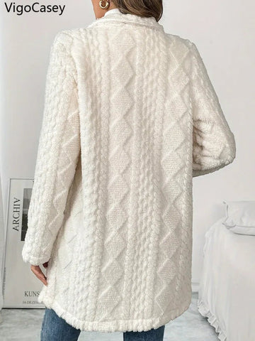 Casual White Thick Plush Warm Coat/ Jacket Long Sleeve Soft Cardigan - American Thistle Casual White Thick Plush Warm Coat/ Jacket Long Sleeve Soft Cardigan