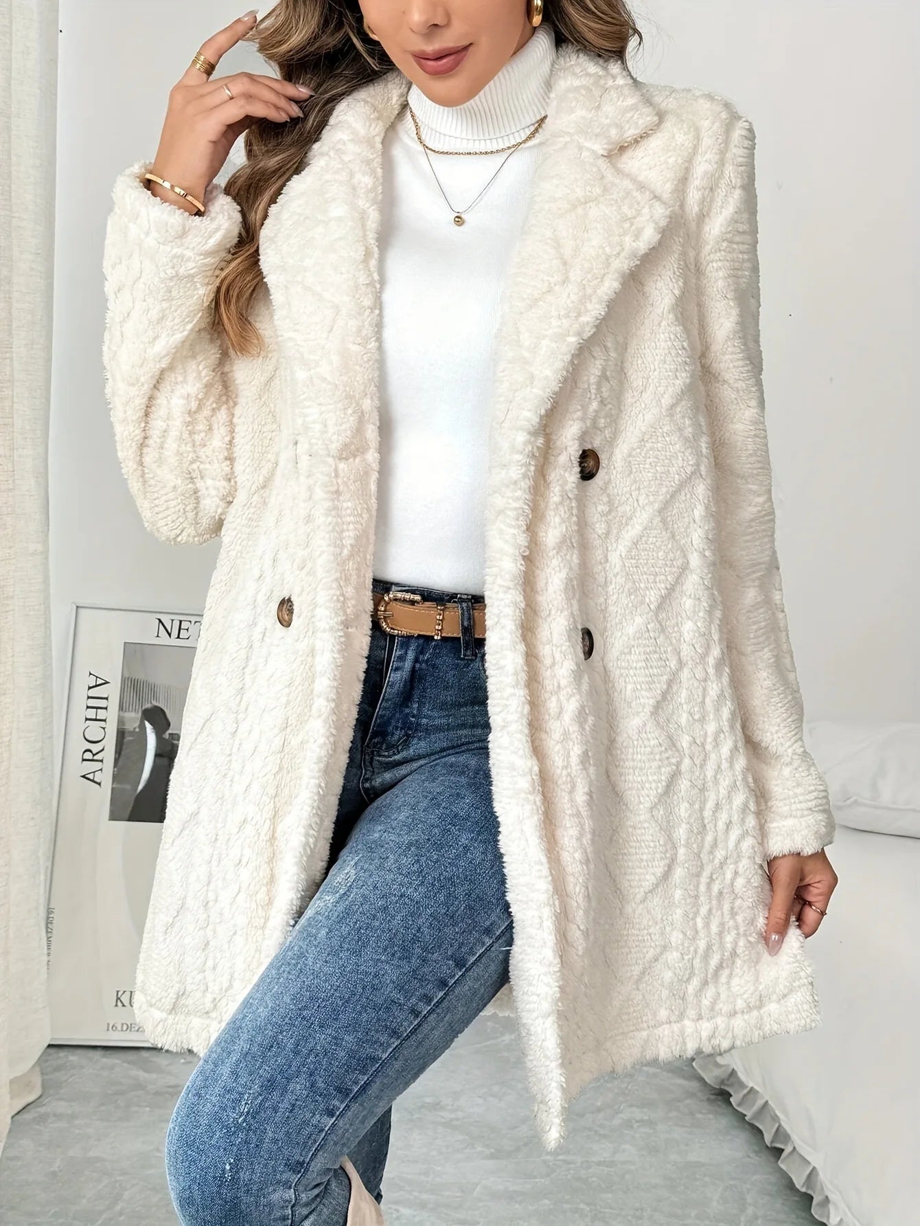 Casual White Thick Plush Warm Coat/ Jacket Long Sleeve Soft Cardigan - American Thistle Casual White Thick Plush Warm Coat/ Jacket Long Sleeve Soft Cardigan