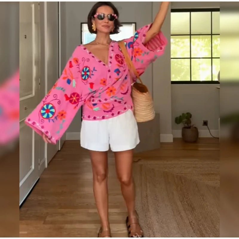 Chic Embroidery Pink Lace Up Woman Short Coat Casual Long Sleeves - American Thistle Chic Embroidery Pink Lace Up Woman Short Coat Casual Long Sleeves