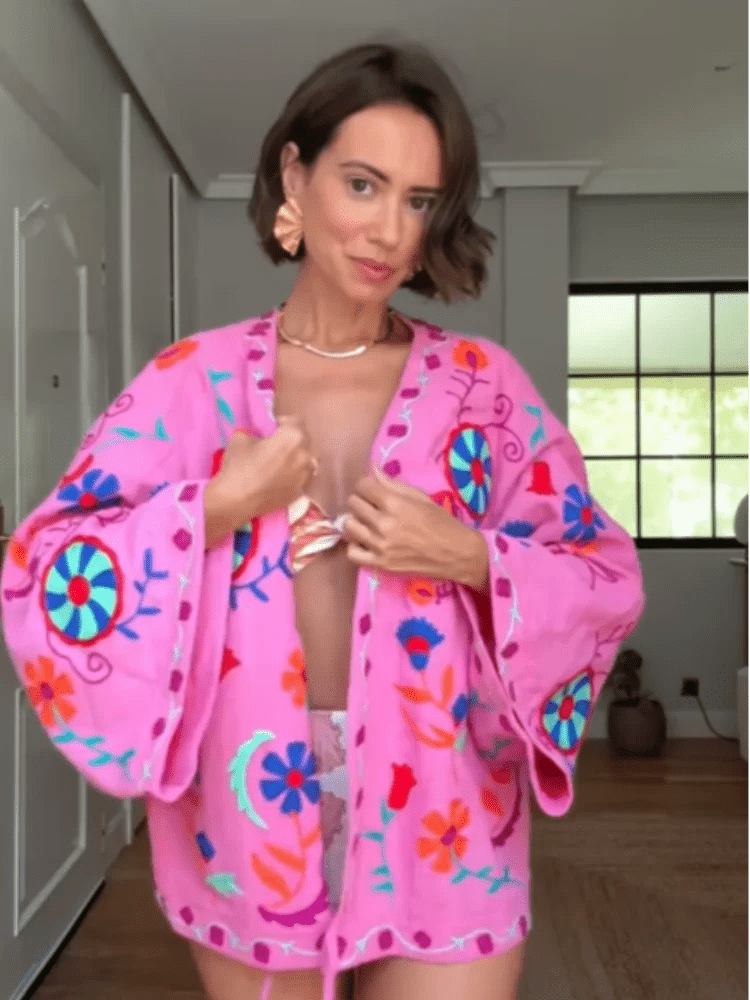 Chic Embroidery Pink Lace Up Woman Short Coat Casual Long Sleeves - American Thistle Chic Embroidery Pink Lace Up Woman Short Coat Casual Long Sleeves