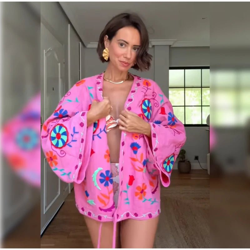 Chic Embroidery Pink Lace Up Woman Short Coat Casual Long Sleeves - American Thistle Chic Embroidery Pink Lace Up Woman Short Coat Casual Long Sleeves