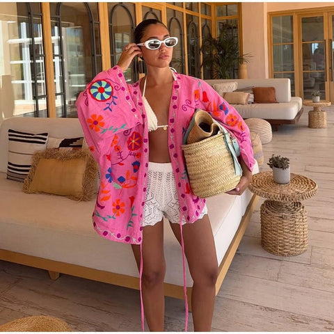 Chic Embroidery Pink Lace Up Woman Short Coat Casual Long Sleeves - American Thistle Chic Embroidery Pink Lace Up Woman Short Coat Casual Long Sleeves