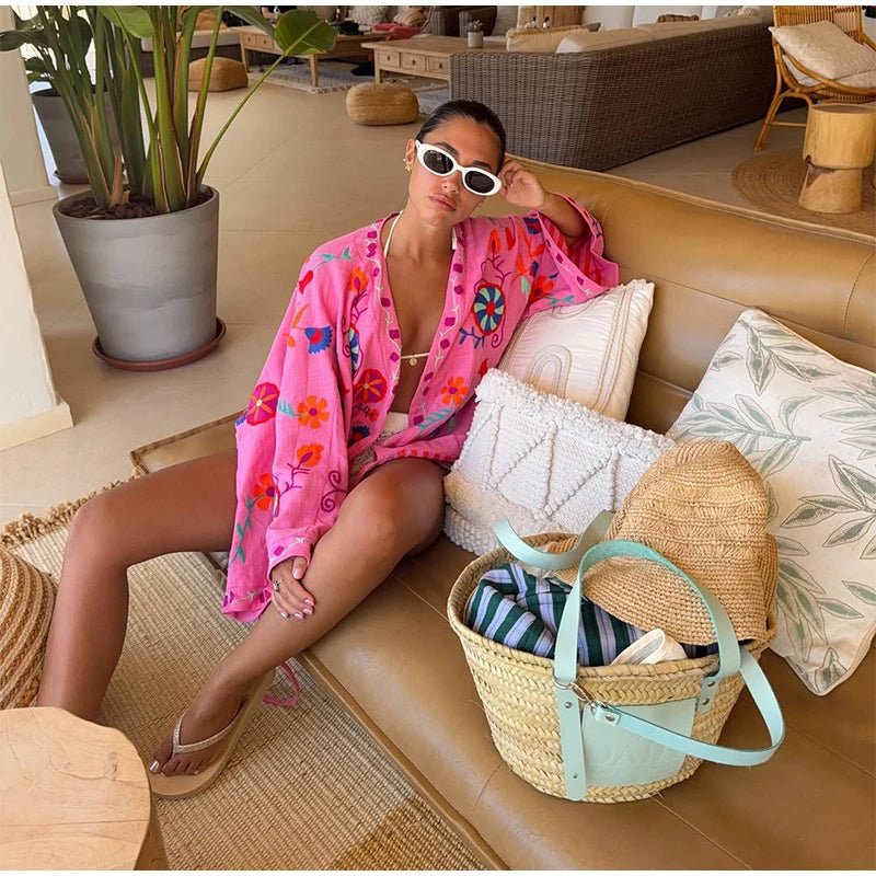 Chic Embroidery Pink Lace Up Woman Short Coat Casual Long Sleeves - American Thistle Chic Embroidery Pink Lace Up Woman Short Coat Casual Long Sleeves