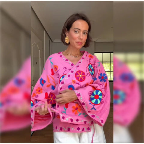 Chic Embroidery Pink Lace Up Woman Short Coat Casual Long Sleeves - American Thistle Chic Embroidery Pink Lace Up Woman Short Coat Casual Long Sleeves