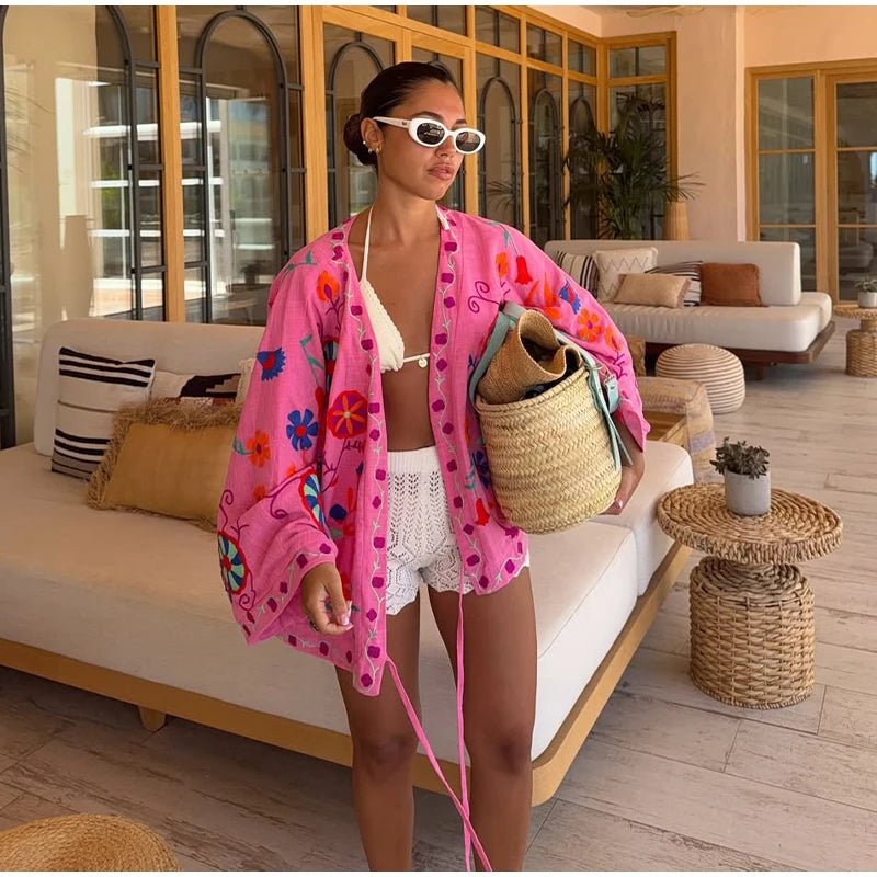 Chic Embroidery Pink Lace Up Woman Short Coat Casual Long Sleeves - American Thistle Chic Embroidery Pink Lace Up Woman Short Coat Casual Long Sleeves