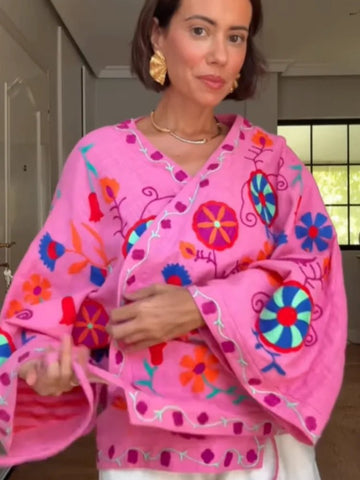 Chic Embroidery Pink Lace Up Woman Short Coat Casual Long Sleeves - American Thistle Chic Embroidery Pink Lace Up Woman Short Coat Casual Long Sleeves