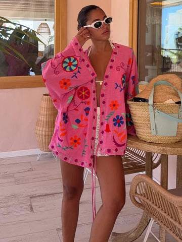 Chic Embroidery Pink Lace Up Woman Short Coat Casual Long Sleeves - American Thistle Chic Embroidery Pink Lace Up Woman Short Coat Casual Long Sleeves