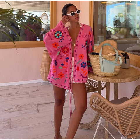 Chic Embroidery Pink Lace Up Woman Short Coat Casual Long Sleeves - American Thistle Chic Embroidery Pink Lace Up Woman Short Coat Casual Long Sleeves