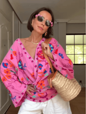 Chic Embroidery Pink Lace Up Woman Short Coat Casual Long Sleeves - American Thistle Chic Embroidery Pink Lace Up Woman Short Coat Casual Long Sleeves