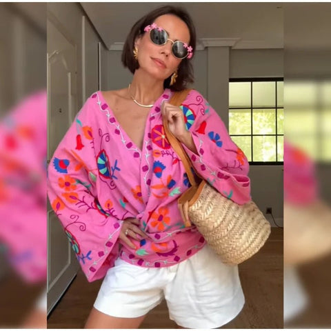 Chic Embroidery Pink Lace Up Woman Short Coat Casual Long Sleeves - American Thistle Chic Embroidery Pink Lace Up Woman Short Coat Casual Long Sleeves