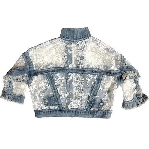 Chic Flowers Embroidery Lace Spliced Loose Denim Coat - American Thistle Chic Flowers Embroidery Lace Spliced Loose Denim Coat