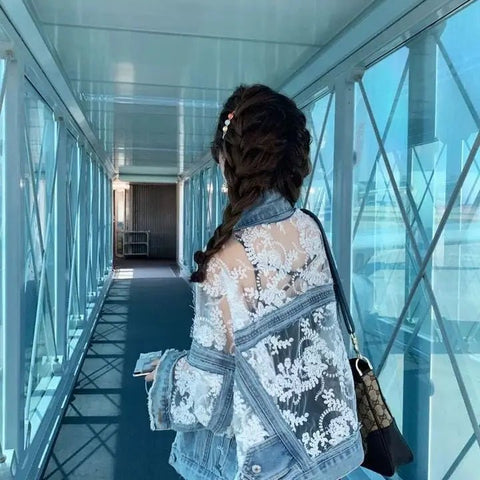 Chic Flowers Embroidery Lace Spliced Loose Denim Coat - American Thistle Chic Flowers Embroidery Lace Spliced Loose Denim Coat