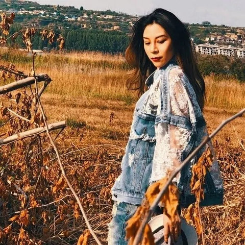 Chic Flowers Embroidery Lace Spliced Loose Denim Coat - American Thistle Chic Flowers Embroidery Lace Spliced Loose Denim Coat