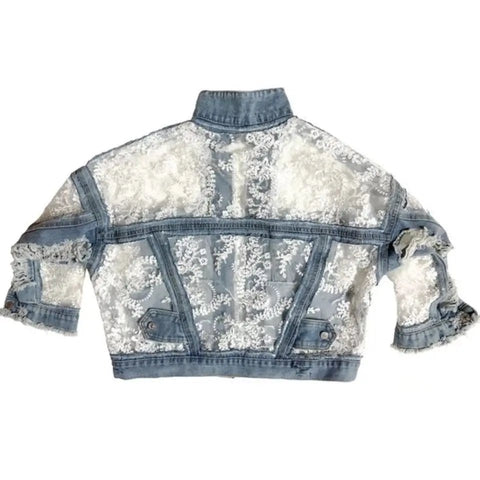 Chic Flowers Embroidery Lace Spliced Loose Denim Coat - American Thistle Chic Flowers Embroidery Lace Spliced Loose Denim Coat